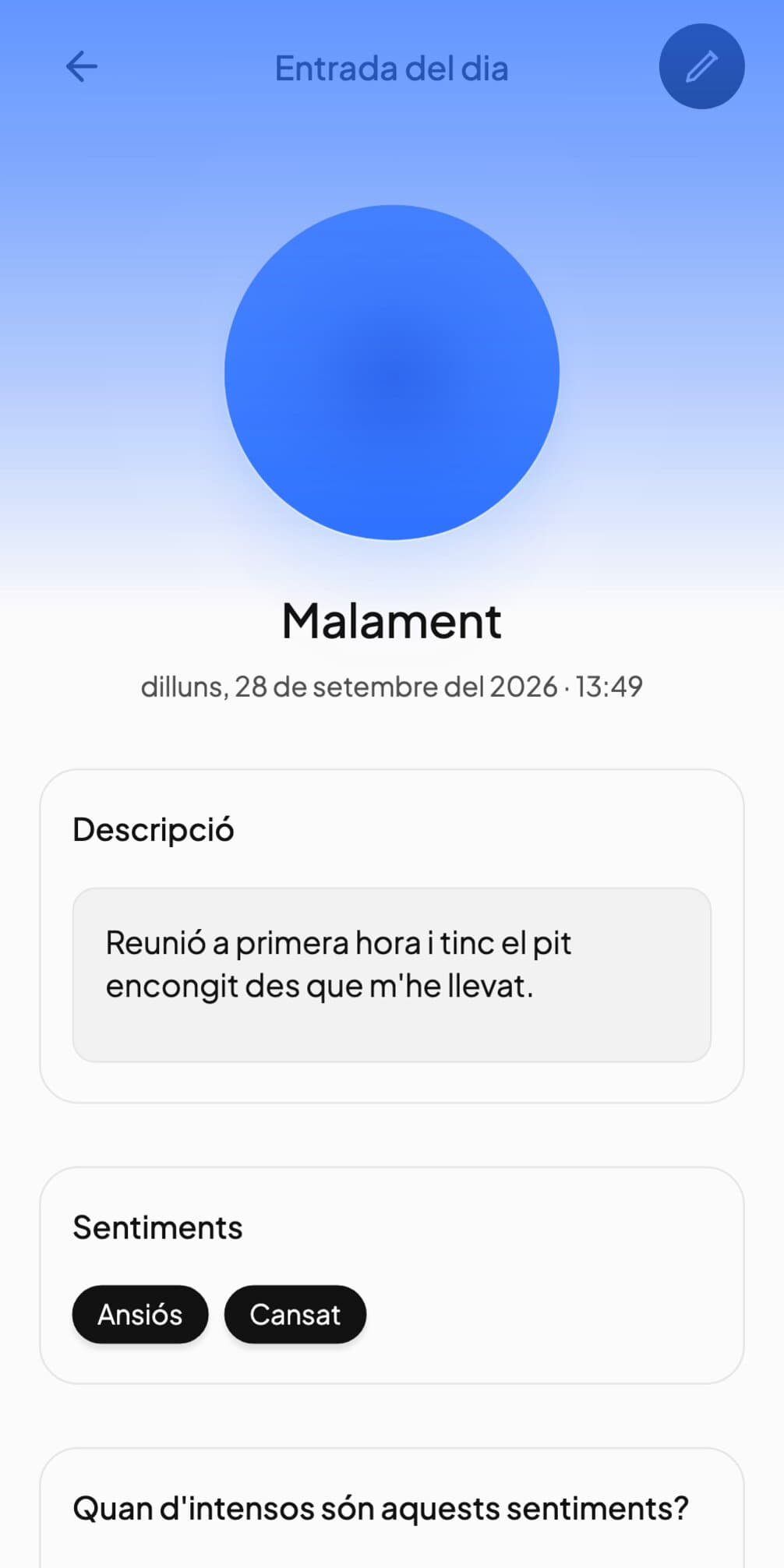 Una entrada diària de l'Andy marcada com a Malament, amb Ansiós i Cansat, i a sota una línia sobre una reunió a primera hora