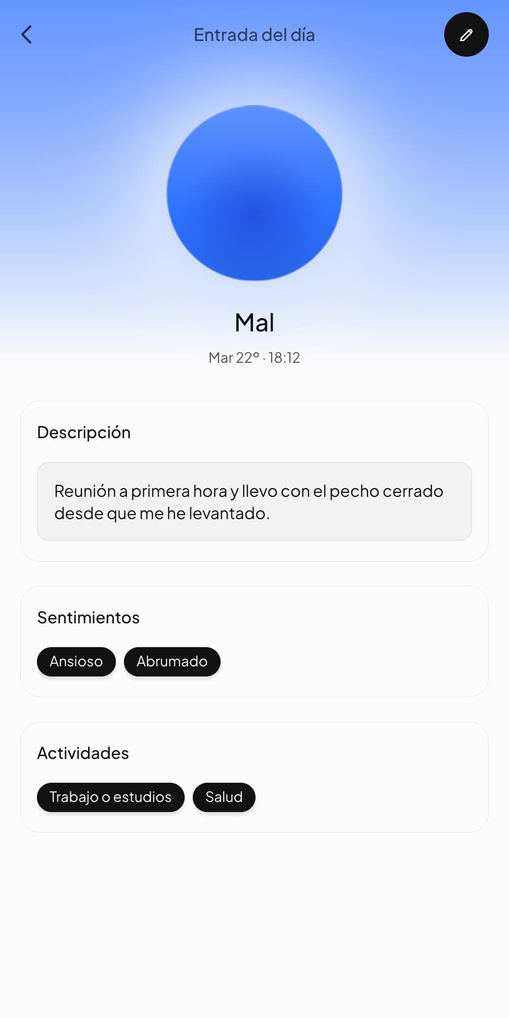 Una entrada diaria de Andy marcada como Mal, con Ansioso y Abrumado, y debajo una línea sobre una reunión a primera hora