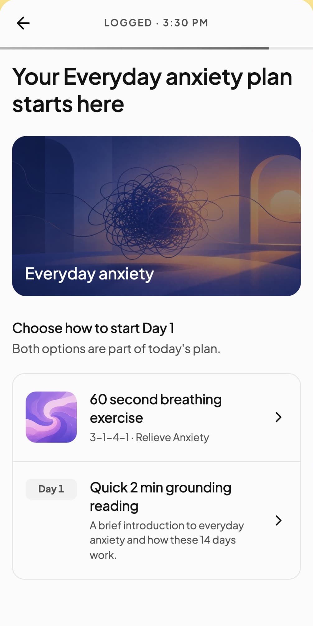 Día 1 de un plan de ansiedad cotidiana en Andy: un ejercicio de respiración de 60 segundos o una lectura de dos minutos para anclarte