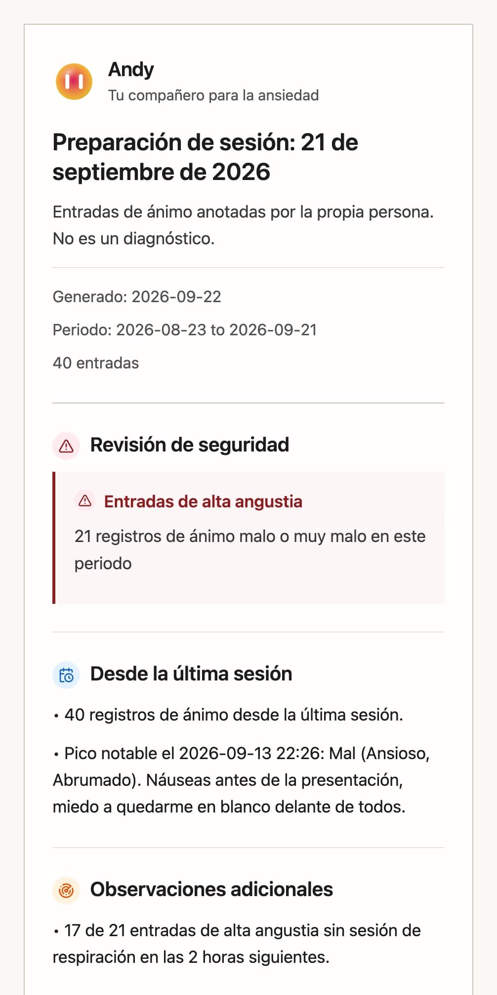 Primera página de un informe de sesión de Andy: revisión de seguridad, qué ha pasado desde la última sesión y las primeras observaciones