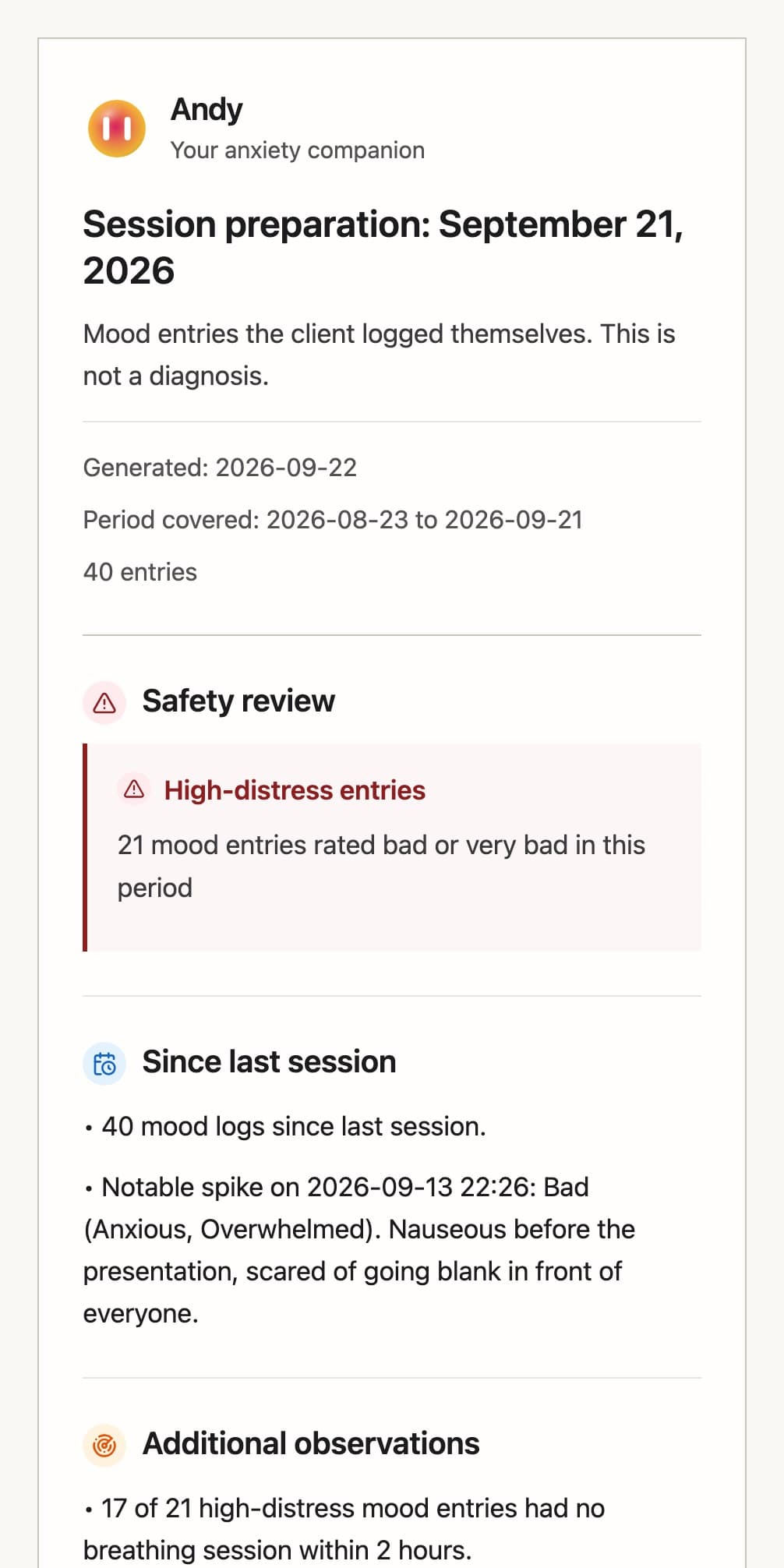 The first page of an Andy session report: safety review, what has happened since the last session, and the first observations
