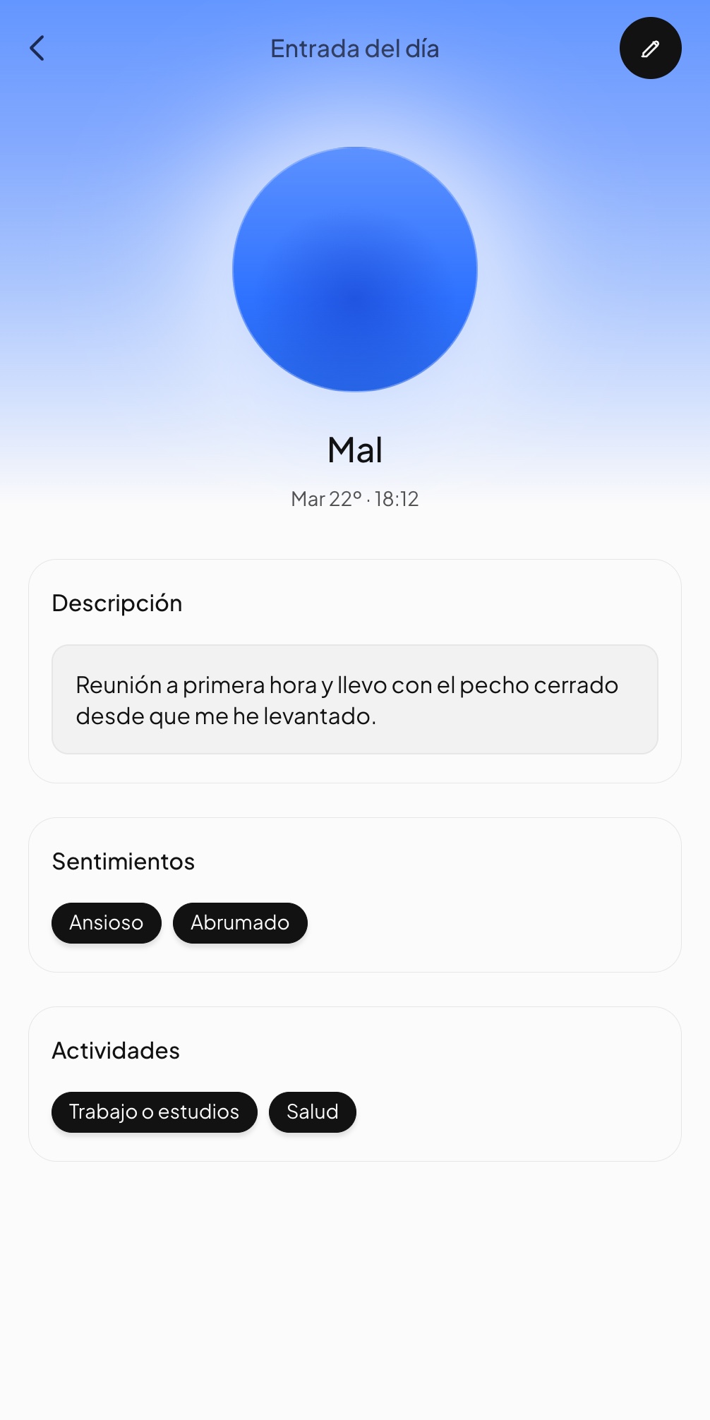 Entrada del día en Andy: Mal, 18:12, con una nota y dos sentimientos